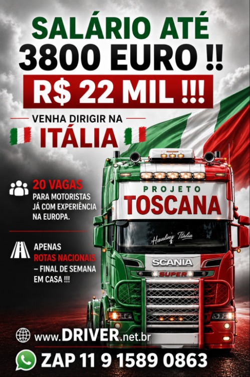 🇮🇹🚛 OPORTUNIDADE REAL PARA MOTORISTAS COM EXPERIÊNCIA NA EUROPA 🚛🇮🇹  O PROJETO TOSCANA está recrutando motoristas profissionais para atuar na Itália em uma empresa estruturada, moderna e com excelente qualidade de vida.  ✅ Salários entre €3.100 e €3.800 por mês 💰 Média de até R$ 22 MIL mensais ✅ Trabalho de segunda a sexta-feira ✅ Apenas rotas nacionais na Itália ✅ Viagens curtas e trabalho leve ✅ Final de semana em CASA ✅ Caminhões NOVOS Scania S500 ✅ Total conforto e suporte ao motorista  🚛 O trabalho é simples e organizado: • Transporte intermodal • Sem ADR • Sem refrigeração • Sem resíduos • Sem contêineres • Utilização de semirreboques com cortina lateral para transporte de alimentos secos  A empresa oferece estrutura completa em suas filiais na Itália 🇮🇹: 📍 CATANIA – Sicília 📍 RAVENNA – Emilia-Romagna 📍 LIVORNO – Toscana 📍 SALERNO – Campânia  Todos os pontos possuem: ✔️ Banheiros ✔️ Chuveiros ✔️ Cozinhas ✔️ Áreas de descanso ✔️ Salas de convivência para descanso no final de semana  ⚠️ A empresa segue rigorosamente as leis italianas de transporte: ✅ Respeito total às horas de direção e descanso ✅ Segurança em primeiro lugar ✅ Contrato e regularização dentro das normas italianas  💶 COMO FUNCIONA O SALÁRIO: • Salário base: €1.750 • €45 líquidos por dia de viagem • Bônus médios mensais • Subsídios italianos adicionais  ➡️ Total mensal entre €3.100 e €3.800 dependendo da operação.  📌 REQUISITOS: ✔️ Experiência com carreta categoria E ✔️ Documentação europeia válida ✔️ CNH europeia E + CQC/COD95 ✔️ Profissionalismo e responsabilidade  Estamos selecionando aproximadamente 20 motoristas para início imediato nas filiais de Ravenna e Livorno.  📲 Envie agora seu currículo e garanta sua entrevista.  🌍 www.italia10.com.br 📱 WhatsApp: 11 9 1589 0863
